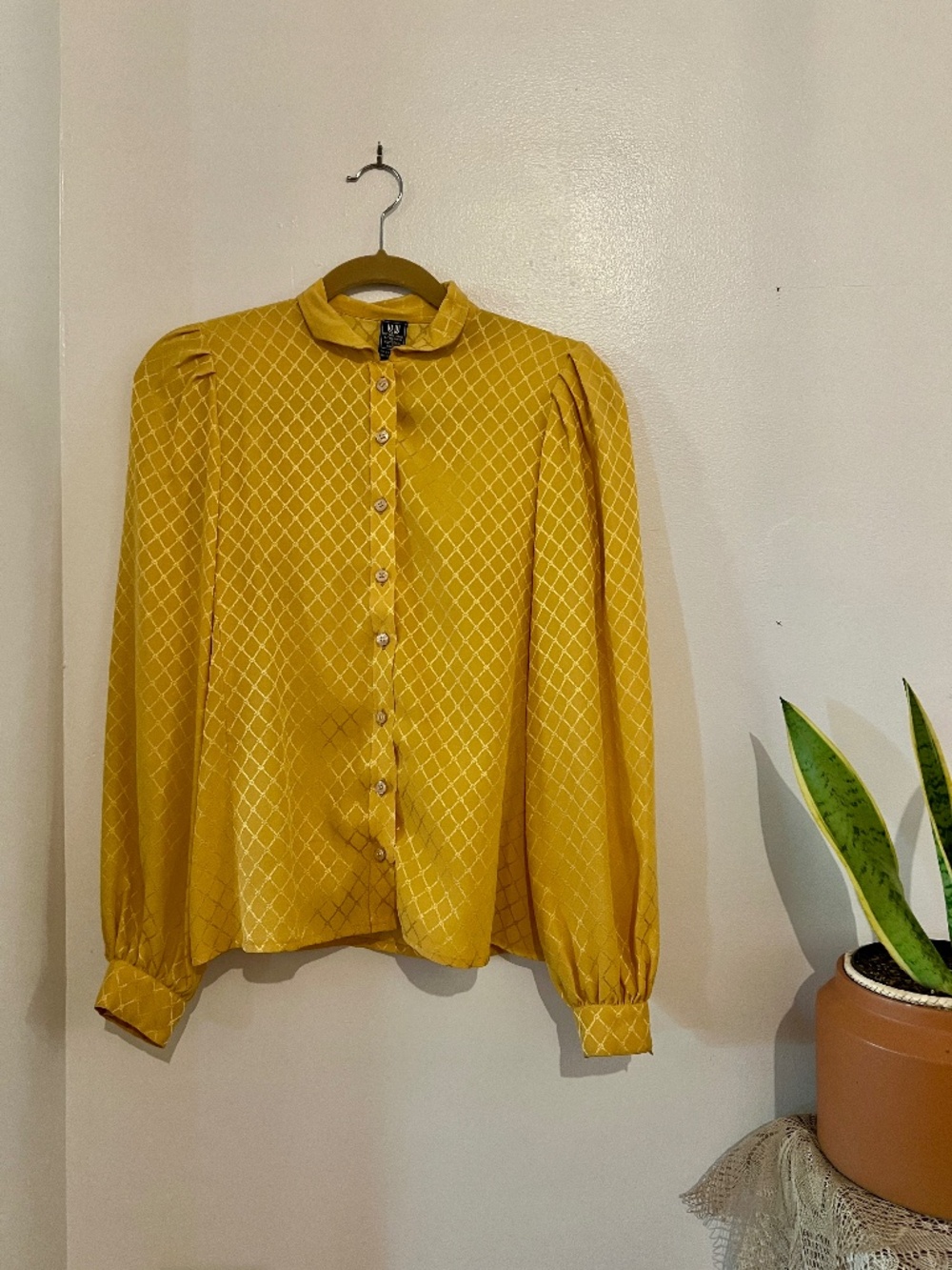 Vintage 80s Emanuel Ungaro Paris Silk Blouse | Golden Yellow | Diamond Quilted
